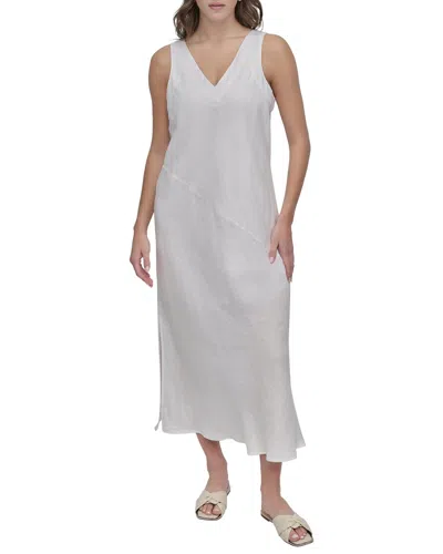 Dkny V Neck Panel Linen Midi Dress In White