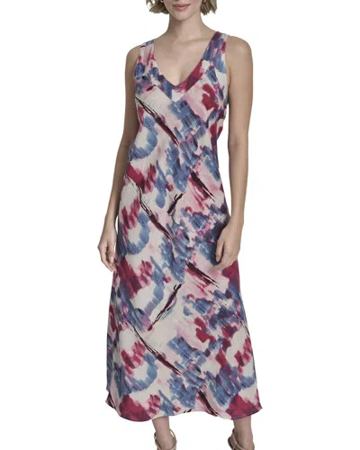 Dkny V Neck Panel Printed Linen Midi Dress In Multi
