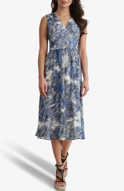 Dkny V-neck Sleeveless Fit & Flare Midi Dress In Blue