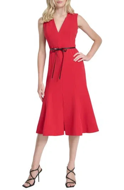 Dkny V-neck Sleeveless Fit & Flare Midi Dress In Red