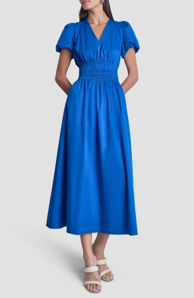 Dkny V-neck Smocked Midi Dress In Blue