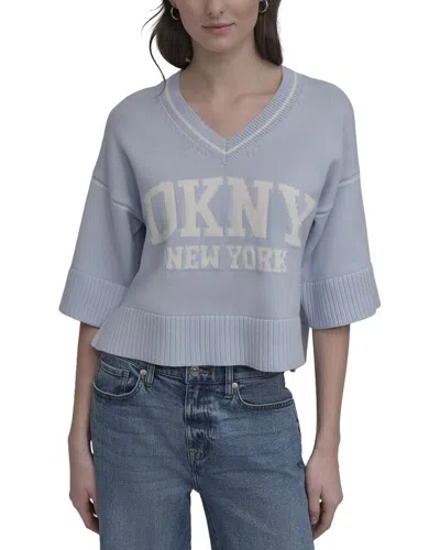 Dkny V-neck Varsity Logo Sweater In Blue