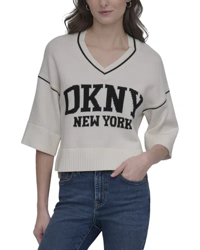 Dkny V-neck Varsity Logo Sweater In Neutral