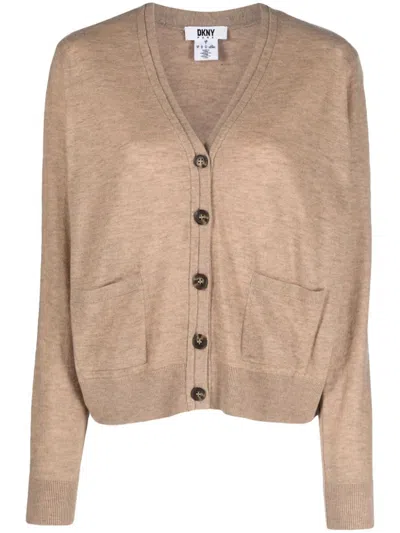 Dkny V-neck Wool Cardigan In Neutrals