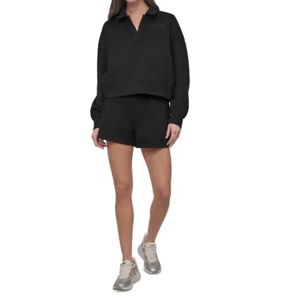 Dkny Varsity Embroidered Logo Smocked 4" Shorts In Black