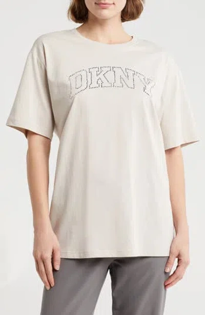 Dkny Varsity Rhinestone Logo T-shirt In Oat/silver