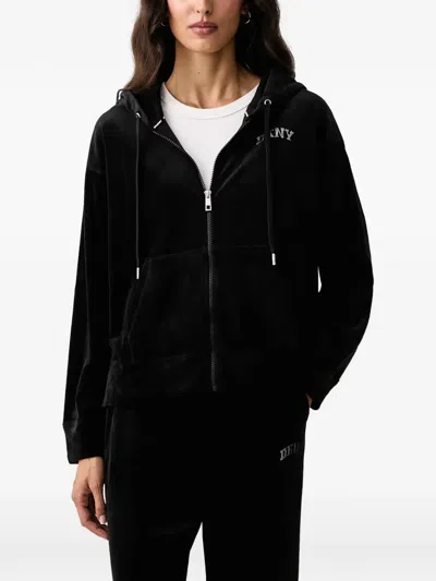 Dkny Varsity Rhinestone-logo Velour Hoodie In Black