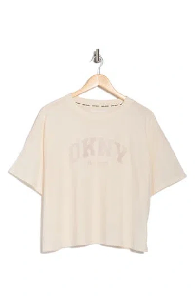 Dkny Varsity Satin Logo Boxy Crop T-shirt In Egg Nog