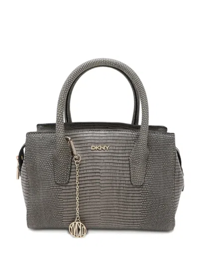 Pre-owned Dkny Vintage Lizard-embossed Leather Tote Bag In Gray