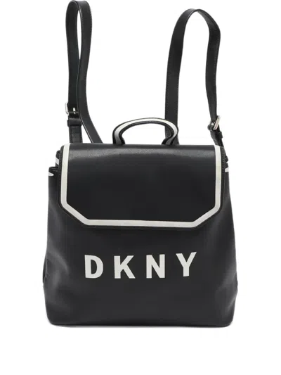 Pre-owned Dkny Vintage Jade Leather Logo Backpack In Black