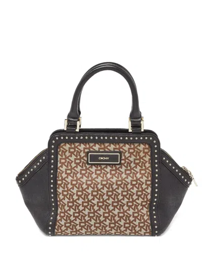 Pre-owned Dkny Vintage Monogram-print Studded Tote Bag In Neutral