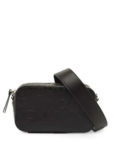 Pre-owned Dkny Vintage Monogram-embossed Leather Camera Bag In Black
