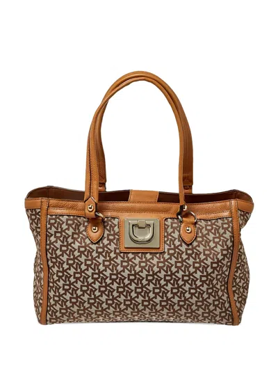 Pre-owned Dkny Vintage  Monogram Leather Tote Bag In Neutral