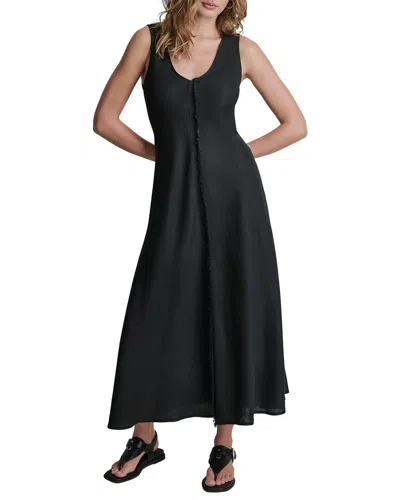 Dkny V-neck Fray Seam Linen Dress In Black