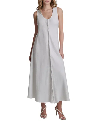 Dkny V-neck Fray Seam Linen Dress In White