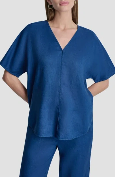 Dkny V-neck Linen Top In Blue