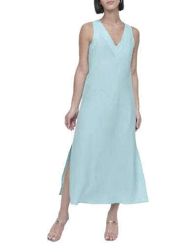 Dkny V-neck Panel Linen Dress In Blue