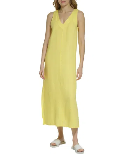 Dkny V-neck Panel Linen Dress In Yellow