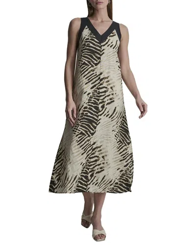 Dkny V-neck Printed Linen Dress In Black