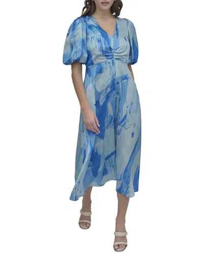 Dkny V-neck Printed Scarf Twill Dress In Blue