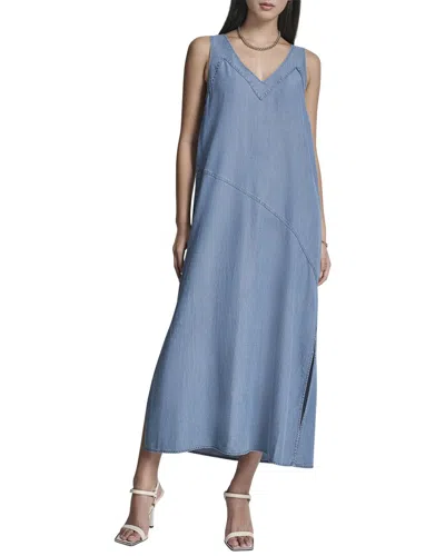 Dkny V-neck Panel Linen Dress In Blue