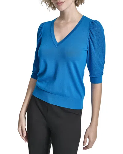 Dkny V-neck Twist Sleeve Sweater In Blue