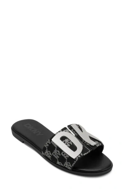 Dkny Waltz Logo Flat Sandal In Black,nickel