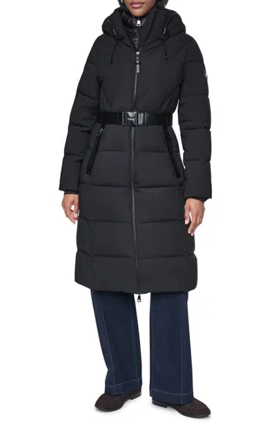 Dkny Water Resistant Belted Long Puffer Coat With Bib In Black