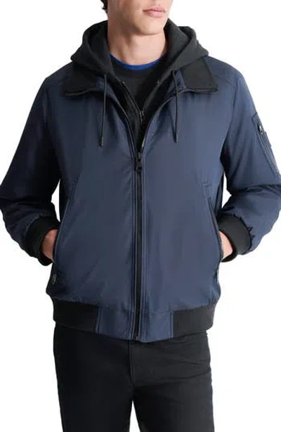 Dkny Men's Removable Hood Water-resistant Bomber Jacket In True Navy