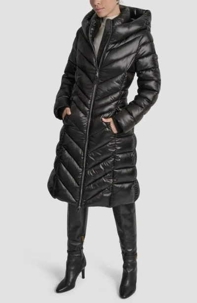 Dkny Water Resistant Hooded Chevron Puffer Jacket In Black