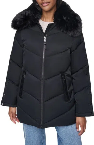 Dkny Water Resistant Puffer Jacket With Removable Faux Fur Collar In Black