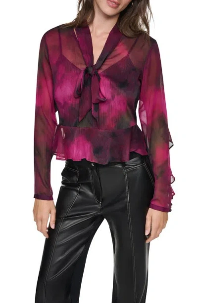 Dkny Tie Neck Long Sleeve Peplum Top In Multi