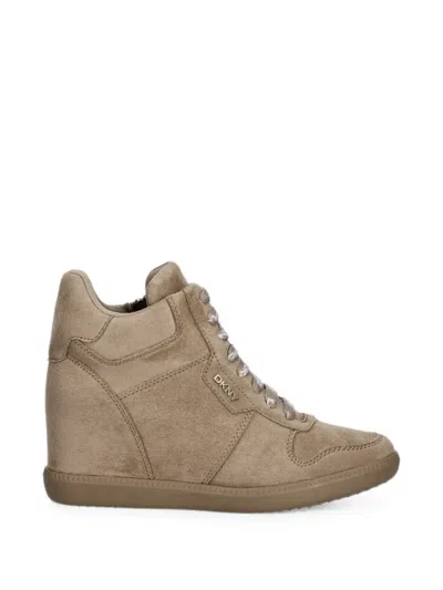 Dkny Wedge-heel Logo-print Sneakers In Brown