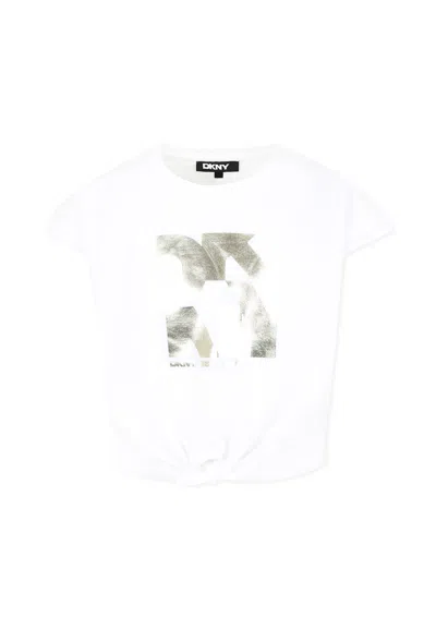 Dkny Kids' White Crop T-shirt For Girl With Logo