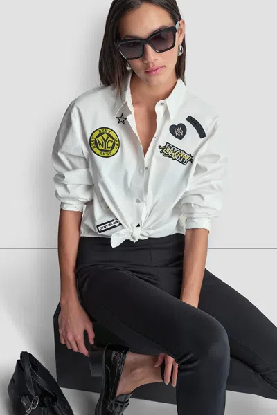 Dkny Women's 1989 Logo Pins And Patches Shirt In Gray