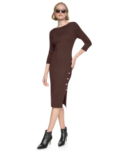Dkny Women's 3/4 Sleeve Boat Neck Midi Sweater Dress In Brown
