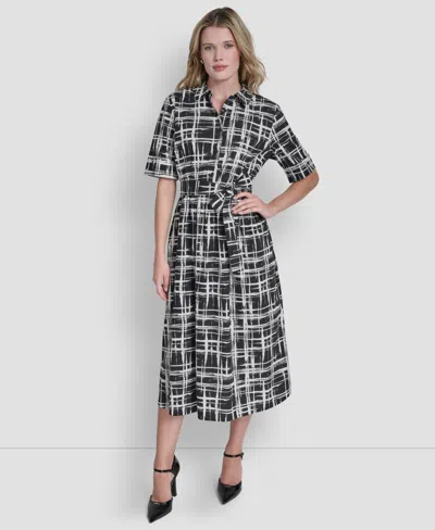 Dkny Women's 3/4-sleeve Collared Neck Cotton Midi Shirtdress In Multi
