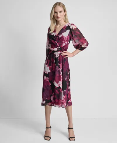 Dkny Women's 3/4 Sleeve V-neck Fit & Flare Dress In Brown