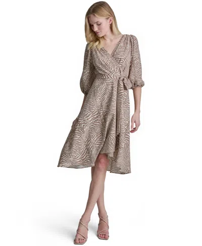 Dkny Women's 3/4-balloon-sleeve Wrap Midi Dress In Multi