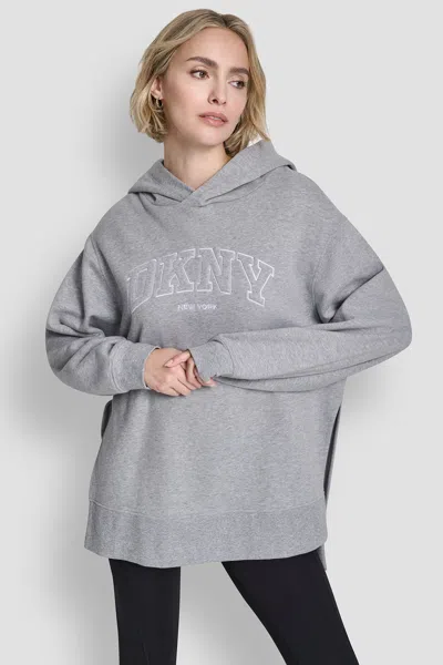 Dkny Women's 3d Varsity Logo Oversized Tunic Hoodie In Gray