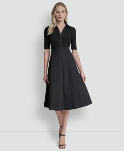 Dkny Women's A-line Polo Collar Midi Dress In Black