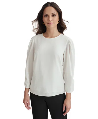 Dkny Women's Abstract-print Ruched-sleeve Top In Linen White