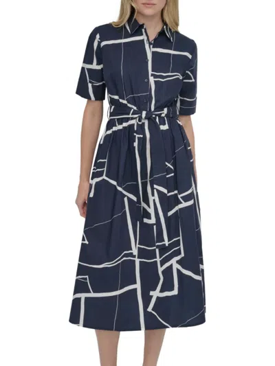 Dkny Women's Abstract Short Sleeve Midi Shirtdress In Navy Cream