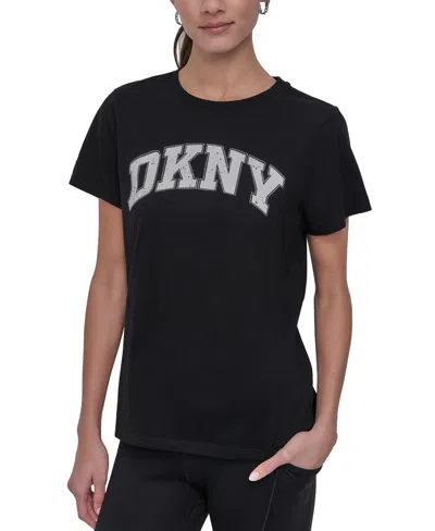 Dkny Women's Active Rhinestone-logo Distressed Crewneck Cotton T-shirt In Black