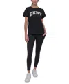 Dkny Women's Active Rhinestone-logo Distressed Crewneck Cotton T-shirt In Black,eggnog