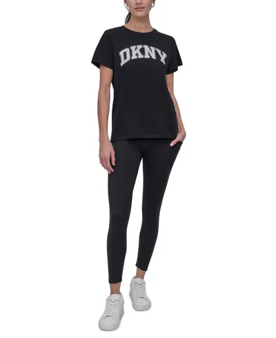 DKNY WOMEN'S ACTIVE RHINESTONE-LOGO DISTRESSED CREWNECK COTTON T-SHIRT