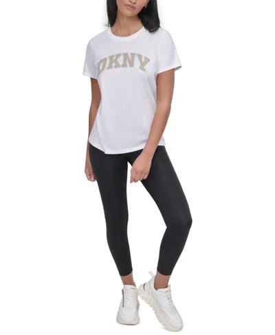 Dkny Women's Active Rhinestone-logo Distressed Crewneck Cotton T-shirt In White,pebble