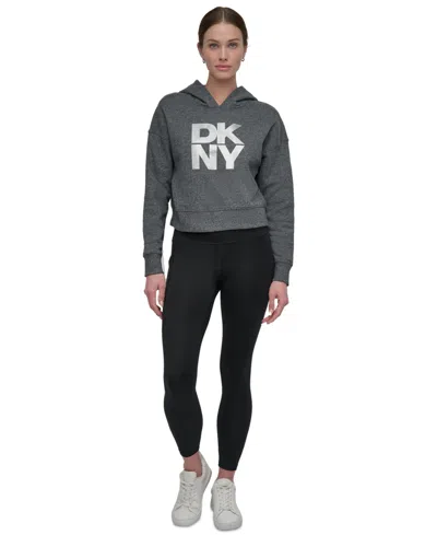 Dkny Women's Active Stacked Metallic-logo Hooded Top In Black Heather Silver