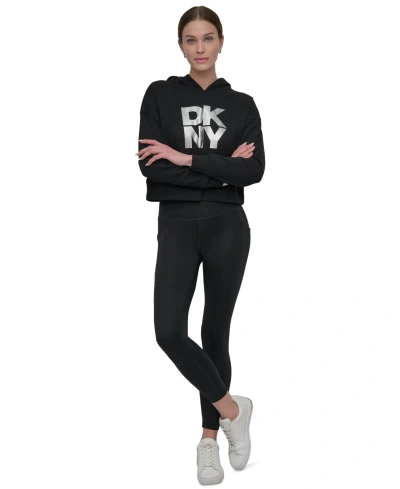 Dkny Women's Active Stacked Metallic-logo Hooded Top In Black Silver