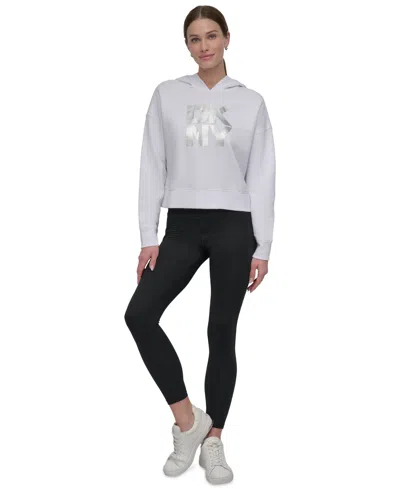 Dkny Women's Active Stacked Metallic-logo Hooded Top In White Silver